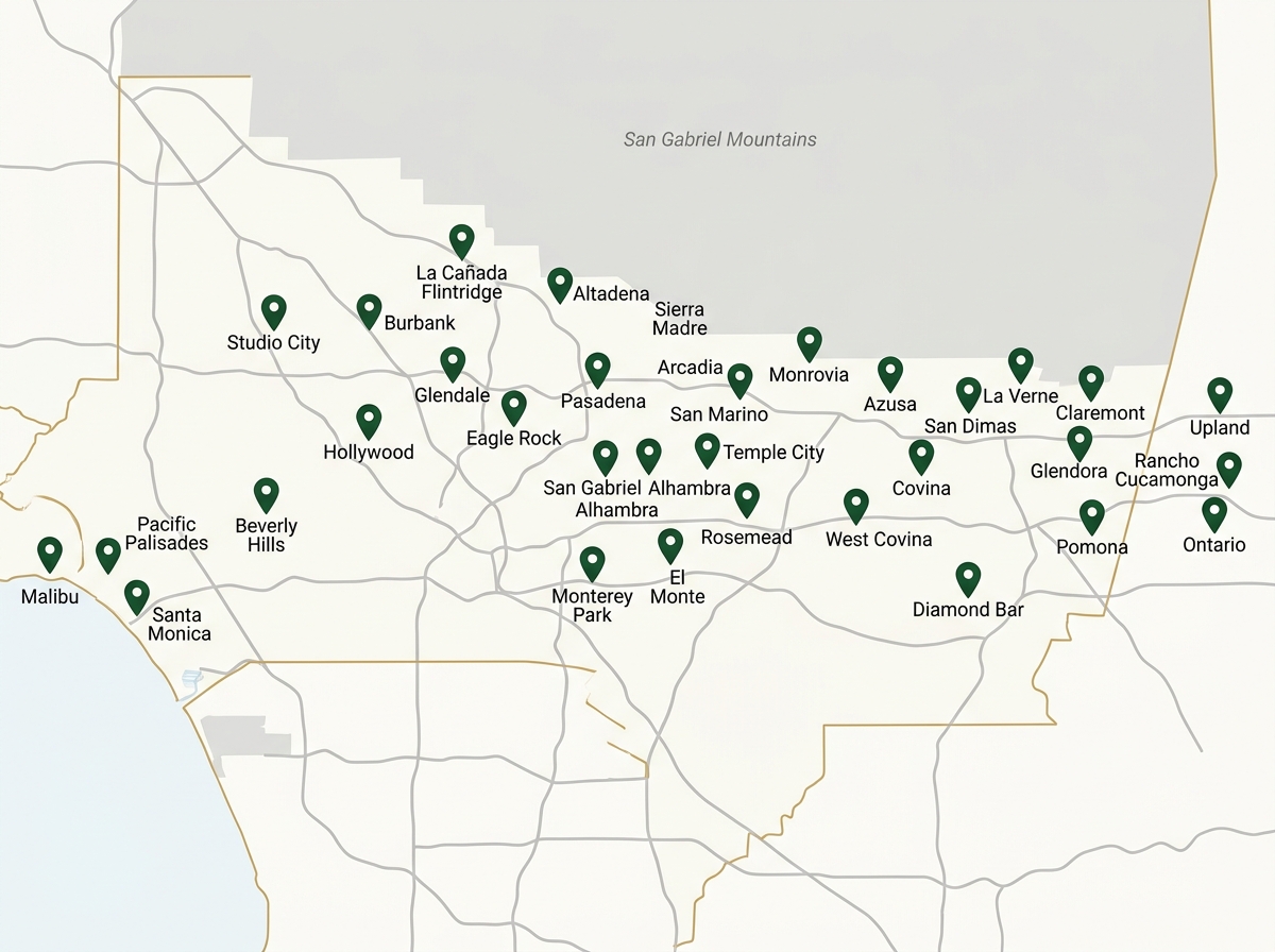 Map of Green Ladder Roofing completed jobs across the greater San Gabriel Valley and Los Angeles area over the past 6 months, with dense coverage around Pasadena, Arcadia, Monrovia, Altadena, San Gabriel, Alhambra and Glendale reaching out to Covina, Glendora, Pomona, Rancho Cucamonga and beyond